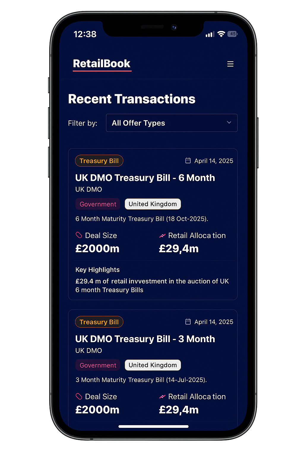 RetailBook mobile app showing past investment offers